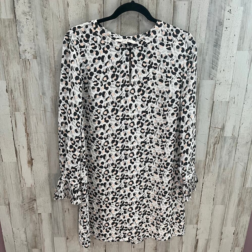 Loft Pink Gray Animal Print Shift Mini Dress Feminine Ruffle Sleeve Womens Small